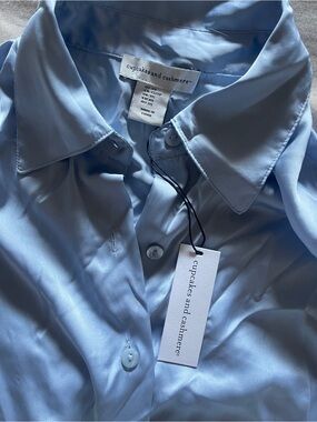 cupcakes & cashmere Soft Sky Blue Satin Dress Shirt